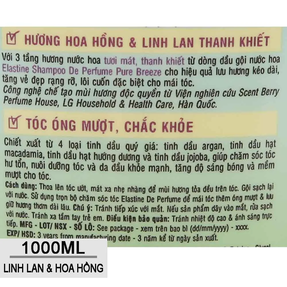Dầu gội Elastine hương nước hoa Pure Breeze 1000ml 8 Công Dụng Dầu gội Elastine hương nước hoa Pure Breeze 170ml