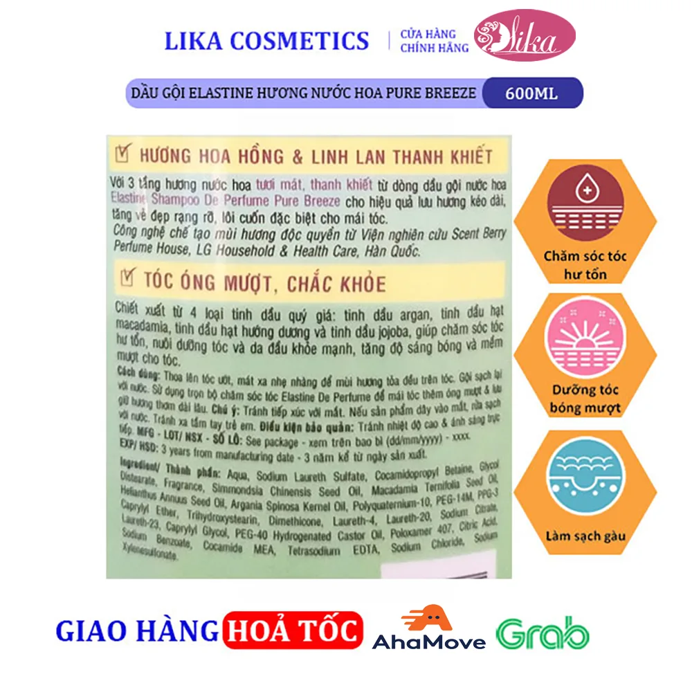 Dầu gội Elastine hương nước hoa Pure Breeze 600ml 3 Dầu gội Elastine hương nước hoa Pure Breeze 600ml