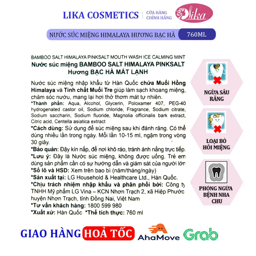 Nước súc miệng Bamboo Salt Ice Calming Mint 760ml 11 Nước súc miệng Bamboo Himalaya Pink Salt Ice Calming Mint 760ml Hương Bạc Hà