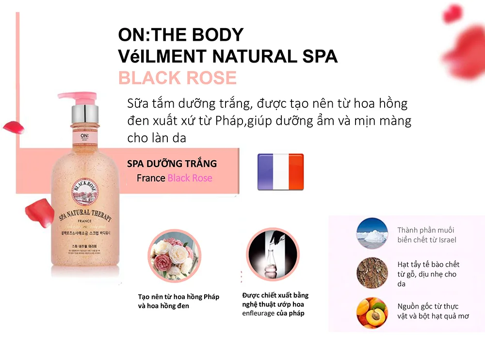 Sữa tắm on the body hạt Veilment Natural Spa Black Rose 600g 