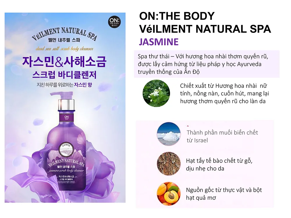 Sữa tắm On The Body hạt Veilment Natural Spa Jasmine 600g
