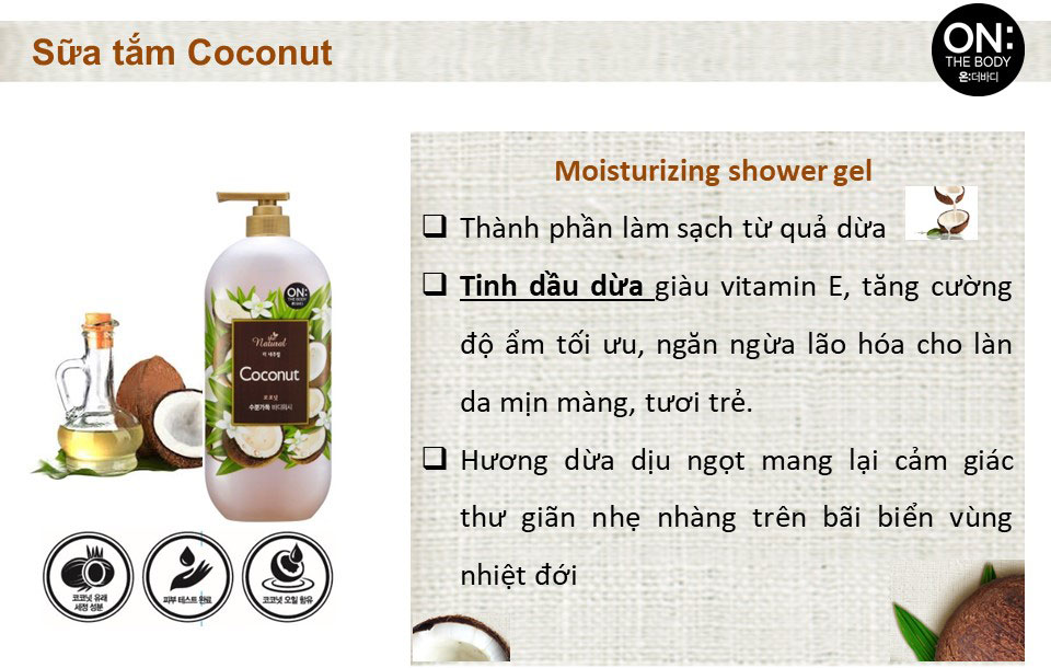Sữa tắm on the body Coconut Thương hiệu Hàn Quốc